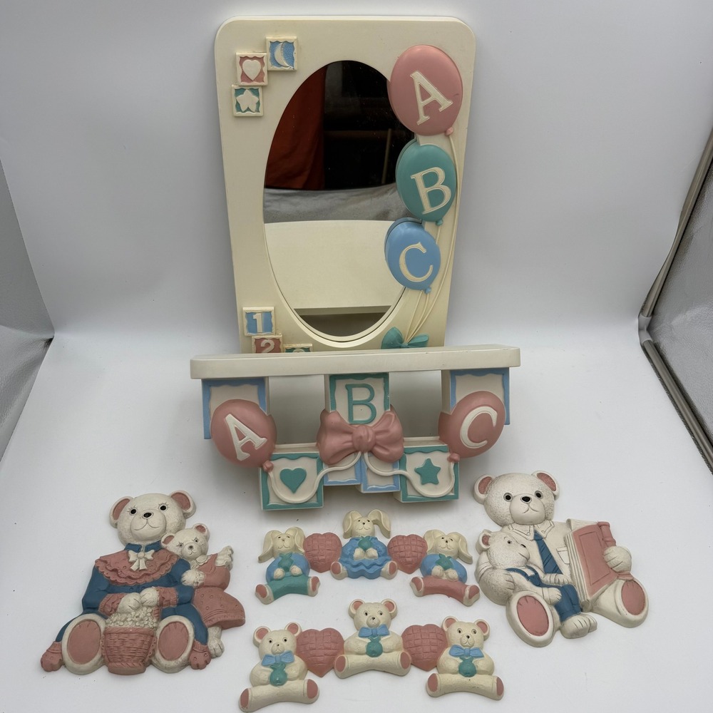 Vintage Nursery Wall Decor Set Teddy Bear Bunny Mirror Shelf Plaques Pastel 6pc